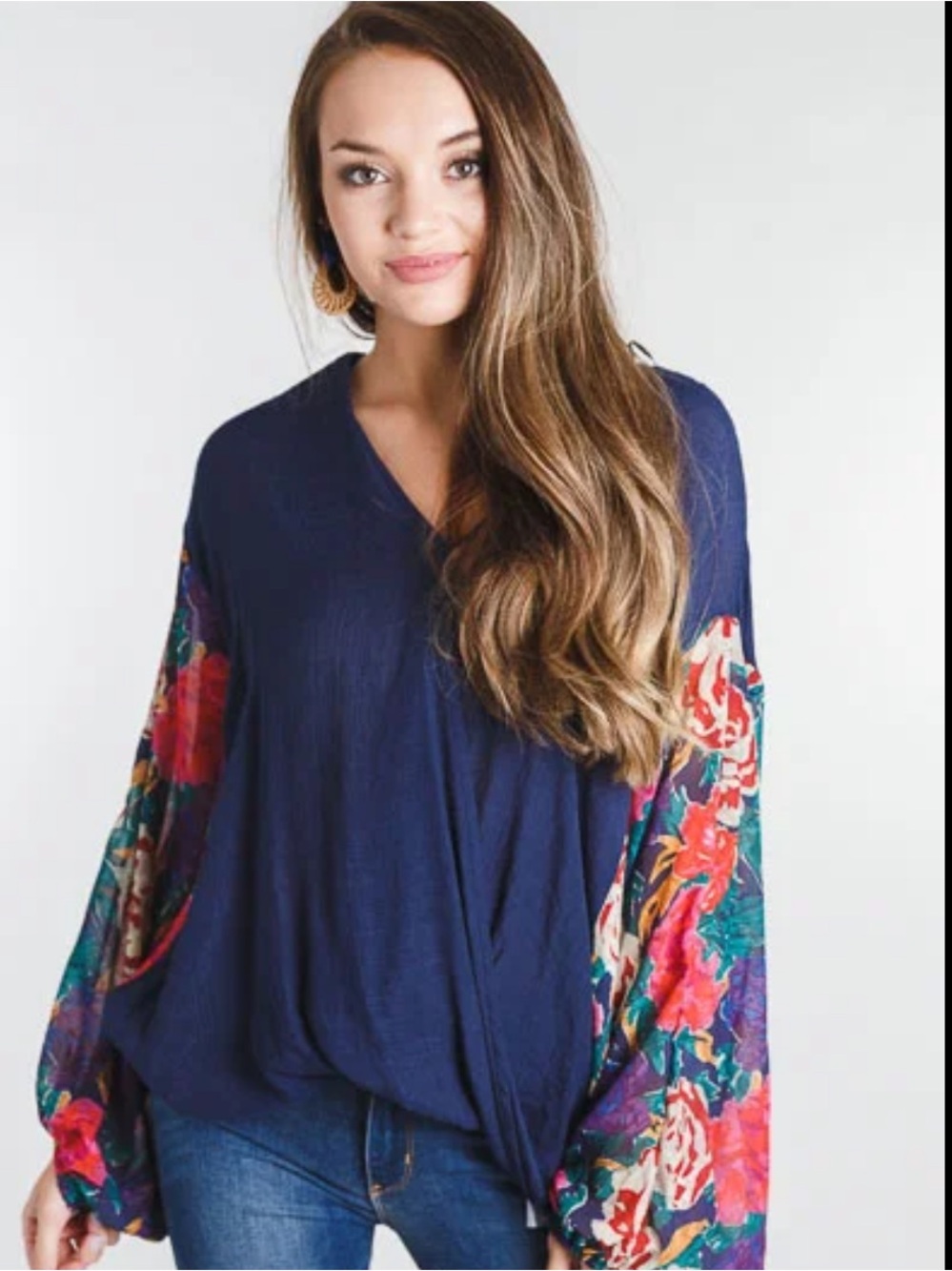 Umgee Teal Boho Wrap Blouse with Sheer Multicolor Floral Balloon Sleeves Small - Picture 9 of 9